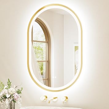 TETOTE Gold Oval Led Mirror with Lights 24" x 36" Metal Framed Oval Lighted Bathroom Vanity Mirror Wall Mounted, Front and Backlit 3 Color Stepless Dimmable Anti Fog, Shatterproof, CRI 90+