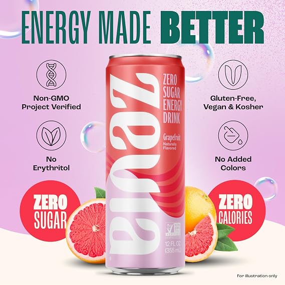 Zevia Zero Sugar Energy Drink, Grapefruit, 12 oz Cans (12-Pack) Naturally Sweetened, Non-GMO Project Verified, Gluten-Free, Vegan
