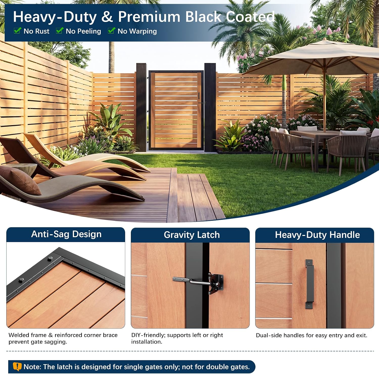 4x6 FT Fence Gate Frame Kit Anti-Sag Heavy Duty Metal Frame for Wood Privacy Fence Gate, Pre-Drilled Garden Backyard Gate with Hinges, Latch & Hardware (Wood Not Included)