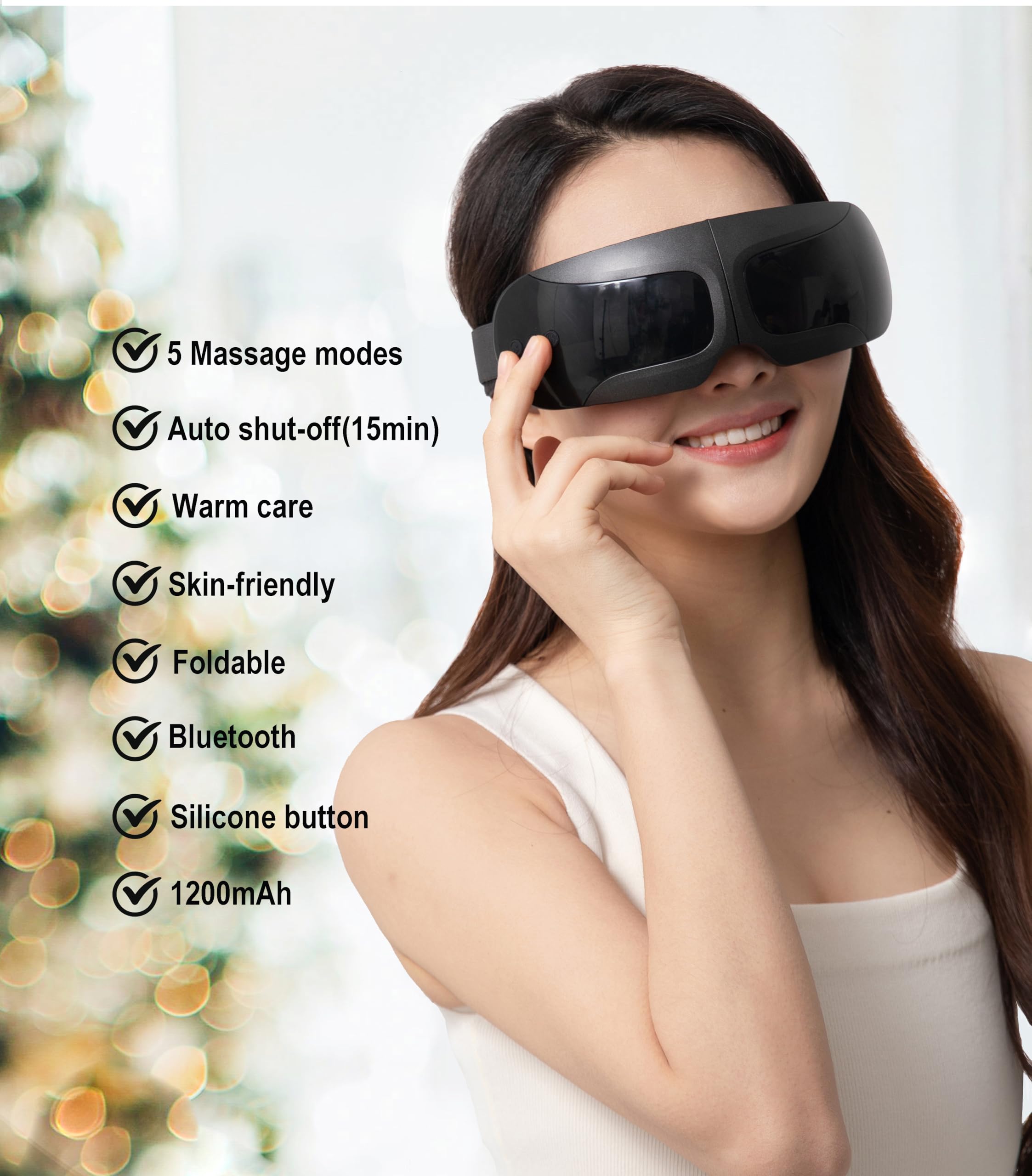 Masajeador de ojos calentado, regalos para hombres y mujeres para Navidad, cumpleaños, máscara masajeadora de ojos negros para migrañas con calor y música, cuidado de los ojos y relajación