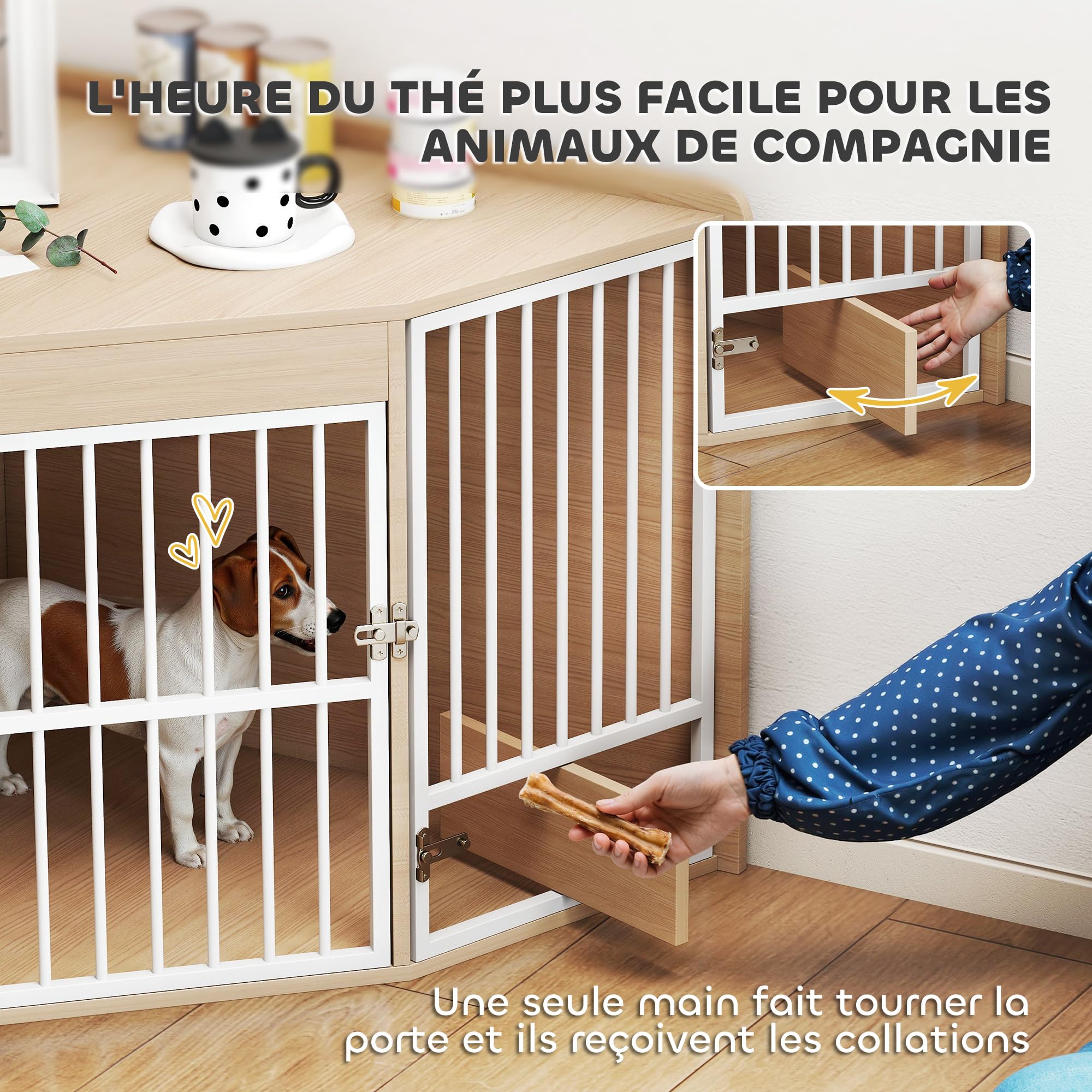 PawHut Cage d'angle pour Chien, Cage pour Chien intérieur avec Porte rotative, Table d'appoint pour Petits et Moyens, 113 x 80 x 64 cm, chêne