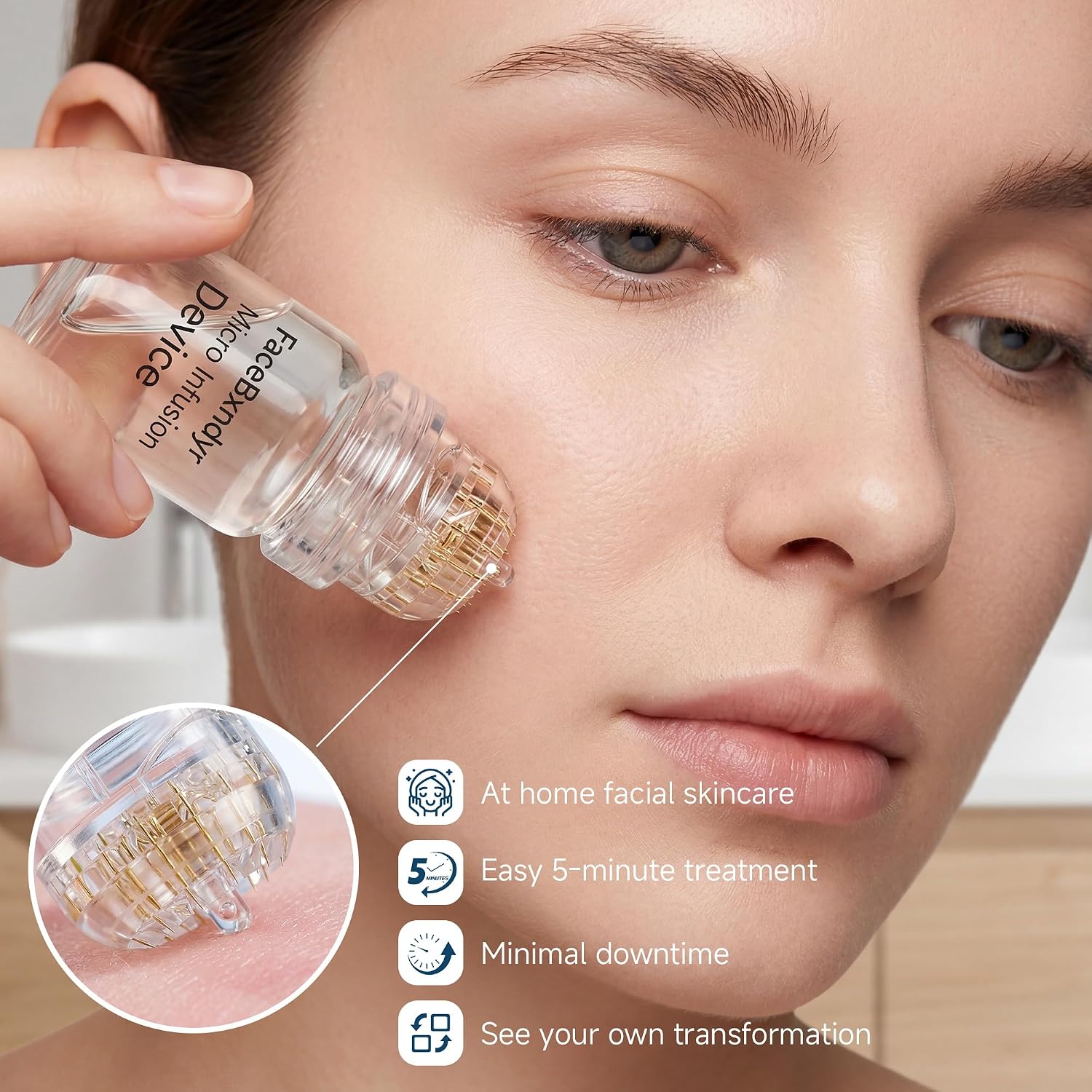 Micro Infusion System for Face & Neck 0.25mm Stamp with PDRN (Sodium DNA), Multi-Peptides & Hyaluronic Acid Serum, At-Home Facial Kit for Smoother Firmer Skin – 1 Month Supply