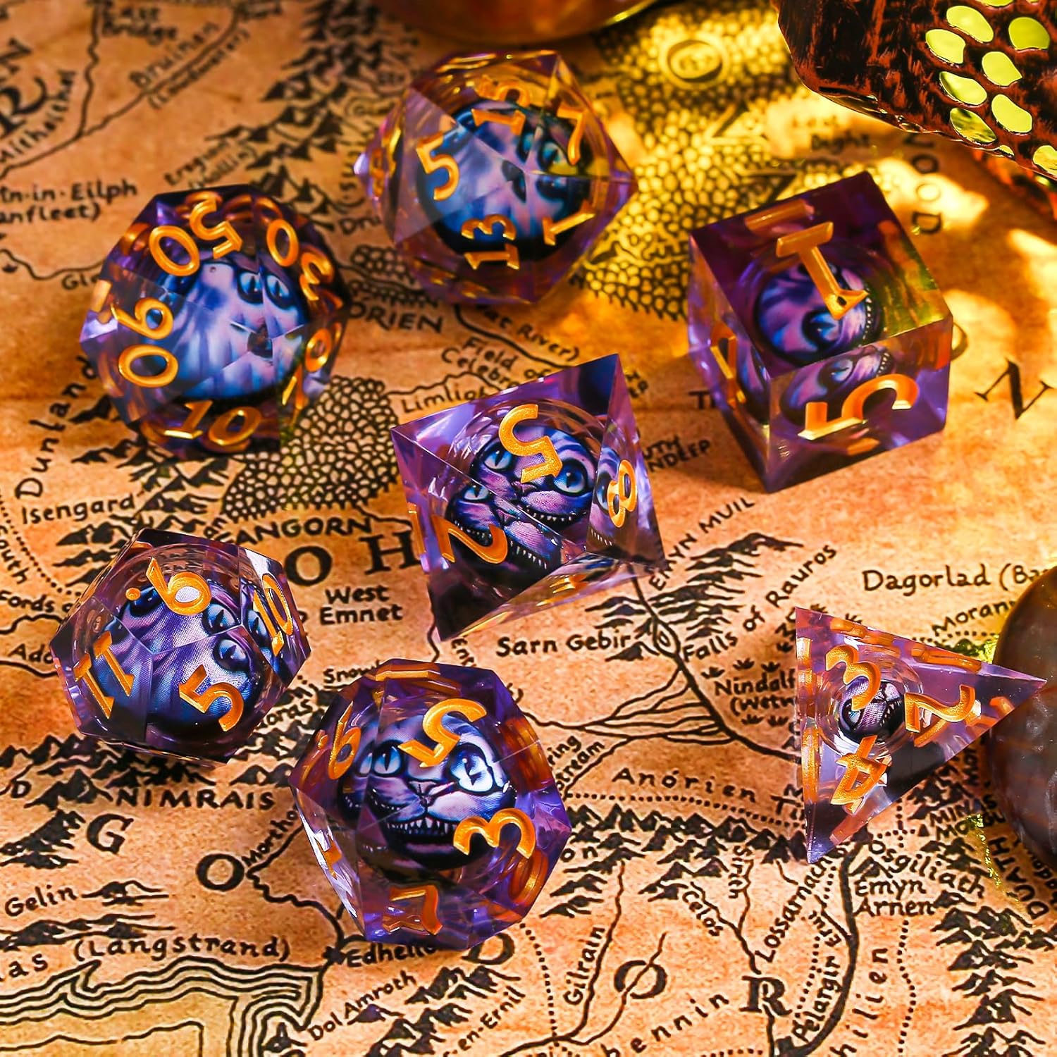 Sharp Edge Dice DND, DND Eyeball Dice Set, Liquid Core Dragon Eye Dice for Role Playing Table Games (Sharp Edge, Resin Eye Dice-Purple Cat)