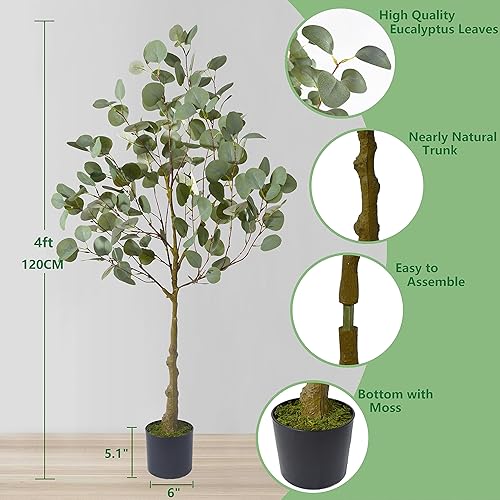 Miniatura 3 de Árbol de eucalipto artificial, planta de eucalipto artificial de 4 pies de alto con canasta, hojas de seda verdes y plateadas, árbol sintético para