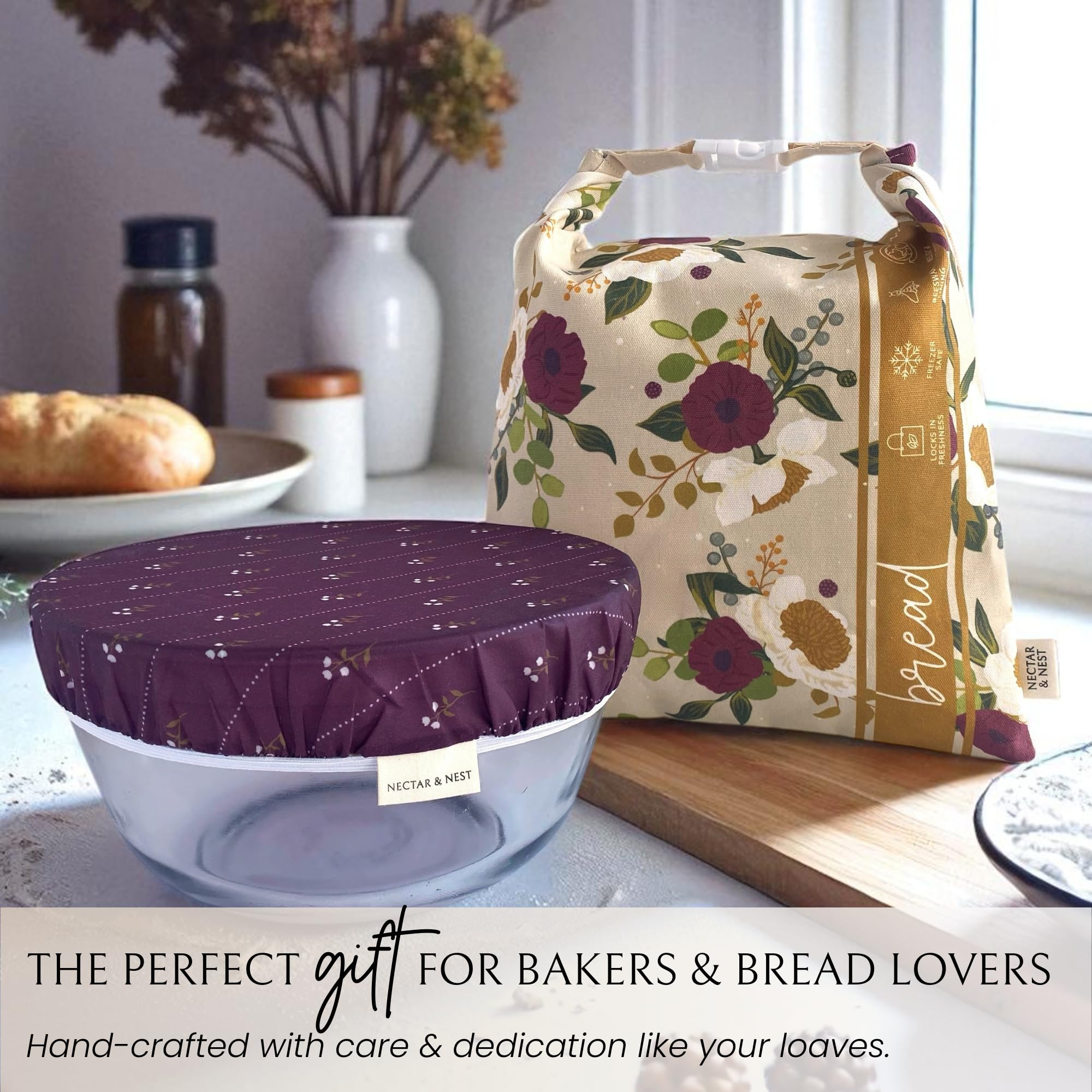 Nectar & Nest Bread Baker Set, Reusable Beeswax Bread Bags for Homemade Bread, Sourdough Bag, Organic Cotton Beeswax Bowl Cover, Limited-Edition Artist Series (December Blooms by Mackenzie Nelson Art)
