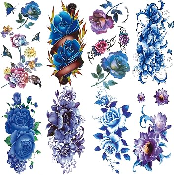 Waterproof Temporary Tattoo Stickers 8 Sheets Blue Purple Rose Lotus Flower Butterfly Stylish and Long-Lasting Arm Jewelry