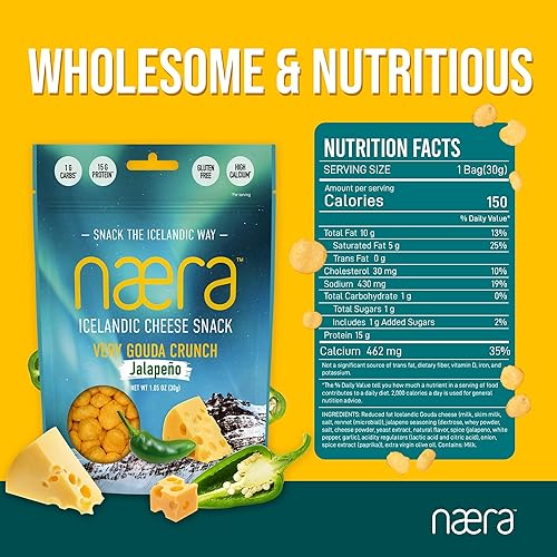 Miniatura 2 de Næra Icelandic - Very Gouda Jalapeño Crunch 100% islandés Popped Snack- Apto para dieta cetogénica, sin gluten, aperitivos altos en proteínas para