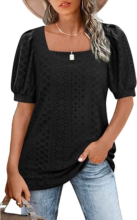 BZB Womens Eyelet Tops Square Neck T Shirts Short Sleeve Peasant Blouses