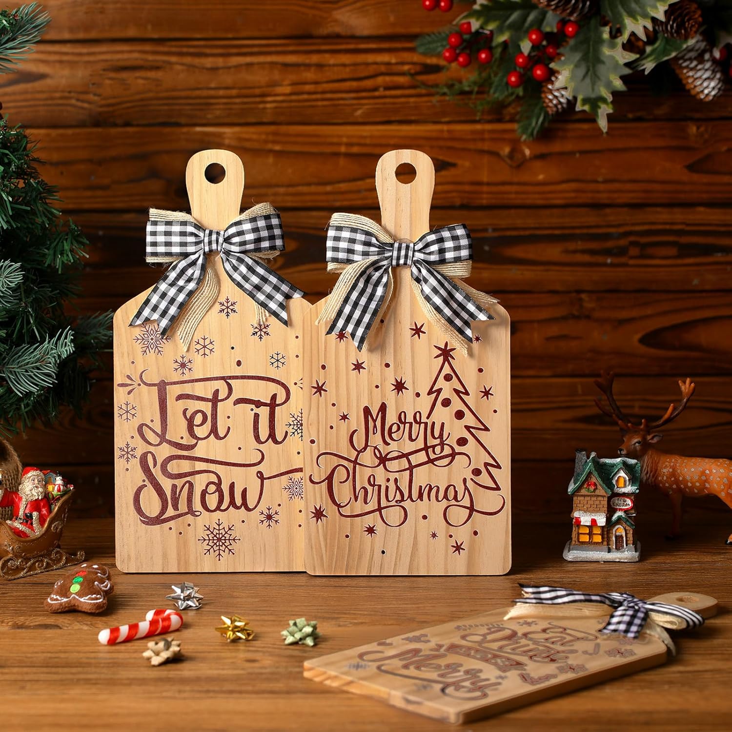 Umigy 3 Pcs Merry Christmas Decorative Wood Cutting Board Let It Snow Decoration Farmhouse Table Shelf Decorations Wooden Home Decoration Christmas Kitchen Gifts