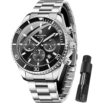 SAPPHERO Watches Men's Chronograph Analogue Quartz 50 m Waterproof Watch Men's Fashion Casual Business Men's Watches with Calendar Stainless Steel Strap Watch Gift for Men