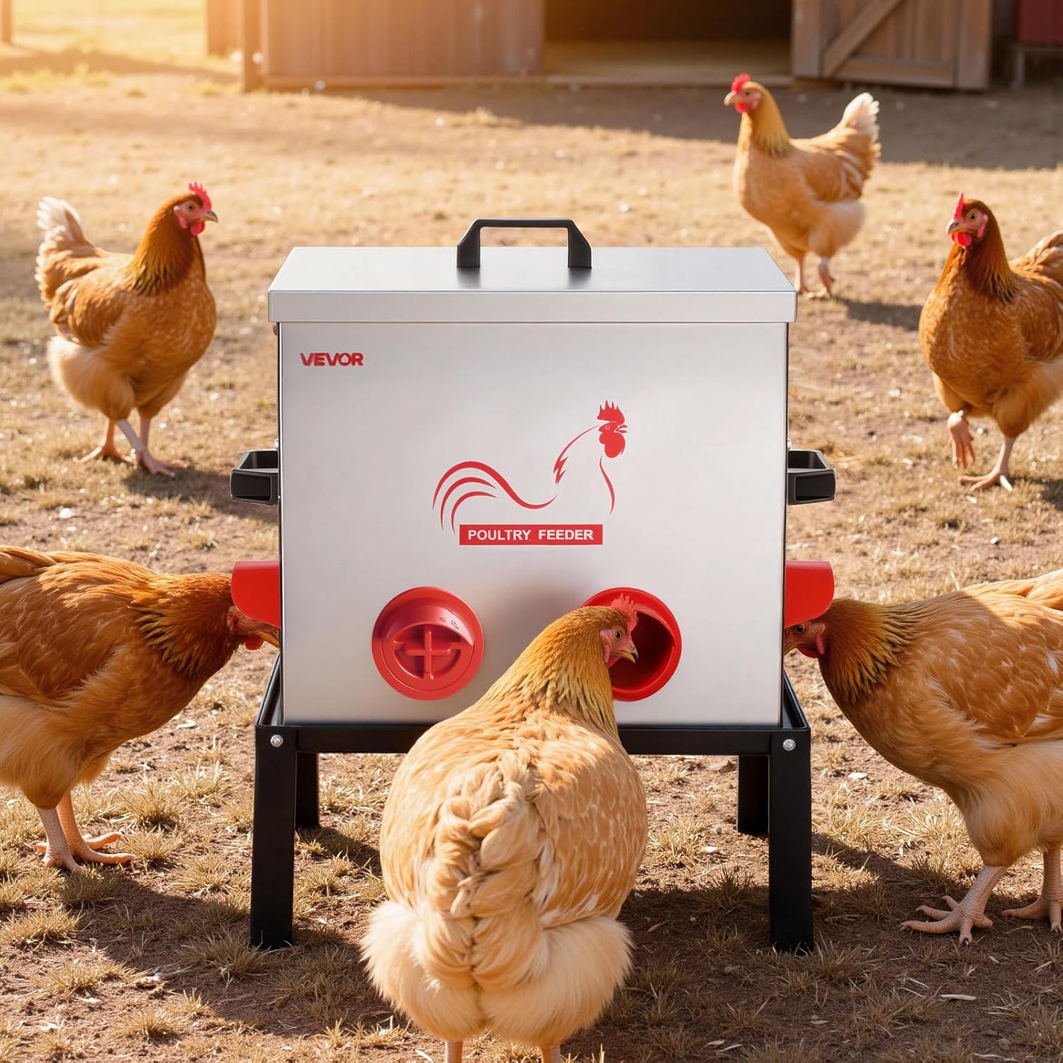 VEVOR Automatic Chicken Feeder, 50 lbs Capacity, 6 Feeding Ports No-Waste Poultry Feeder with Built-in Divider, with Latch & Handle, Metal Construction, for Chickens Bantams Pheasants Poultry Coop