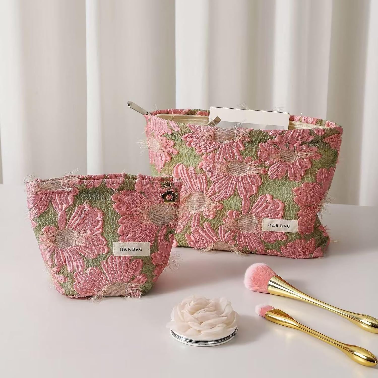 RANIT Exquisite Pink 3D Flower Makeup Bag - Spacious Travel Toiletry Organizer, Durable Cosmetic Storage for Daily & Travel Use (Pink, Large)