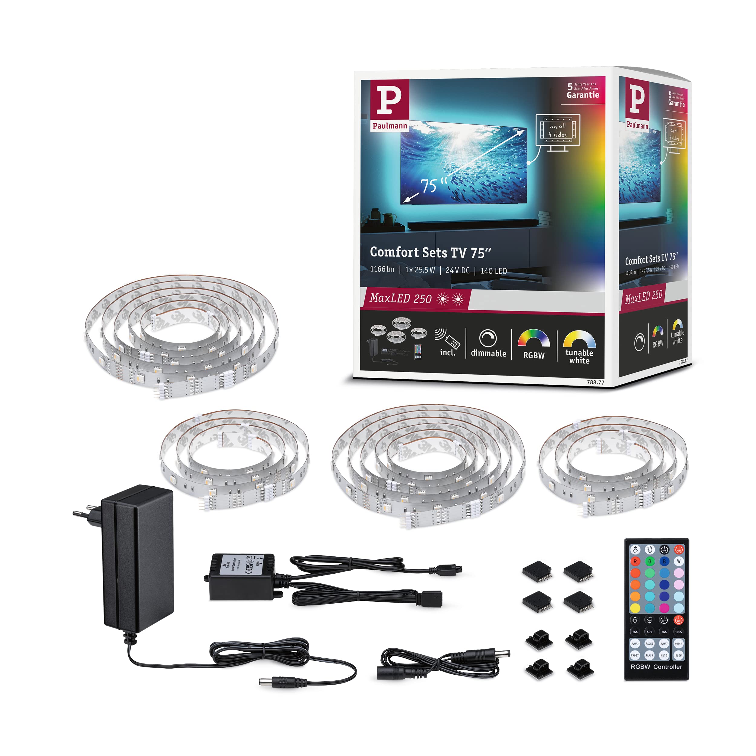 Paulmann 78877 MaxLED 250 LED Strip TV Comfort Basisset 75 Zoll 5,1m 25,5W 230lm/m 28LEDs/m RGBW+ 36VA dimmbar