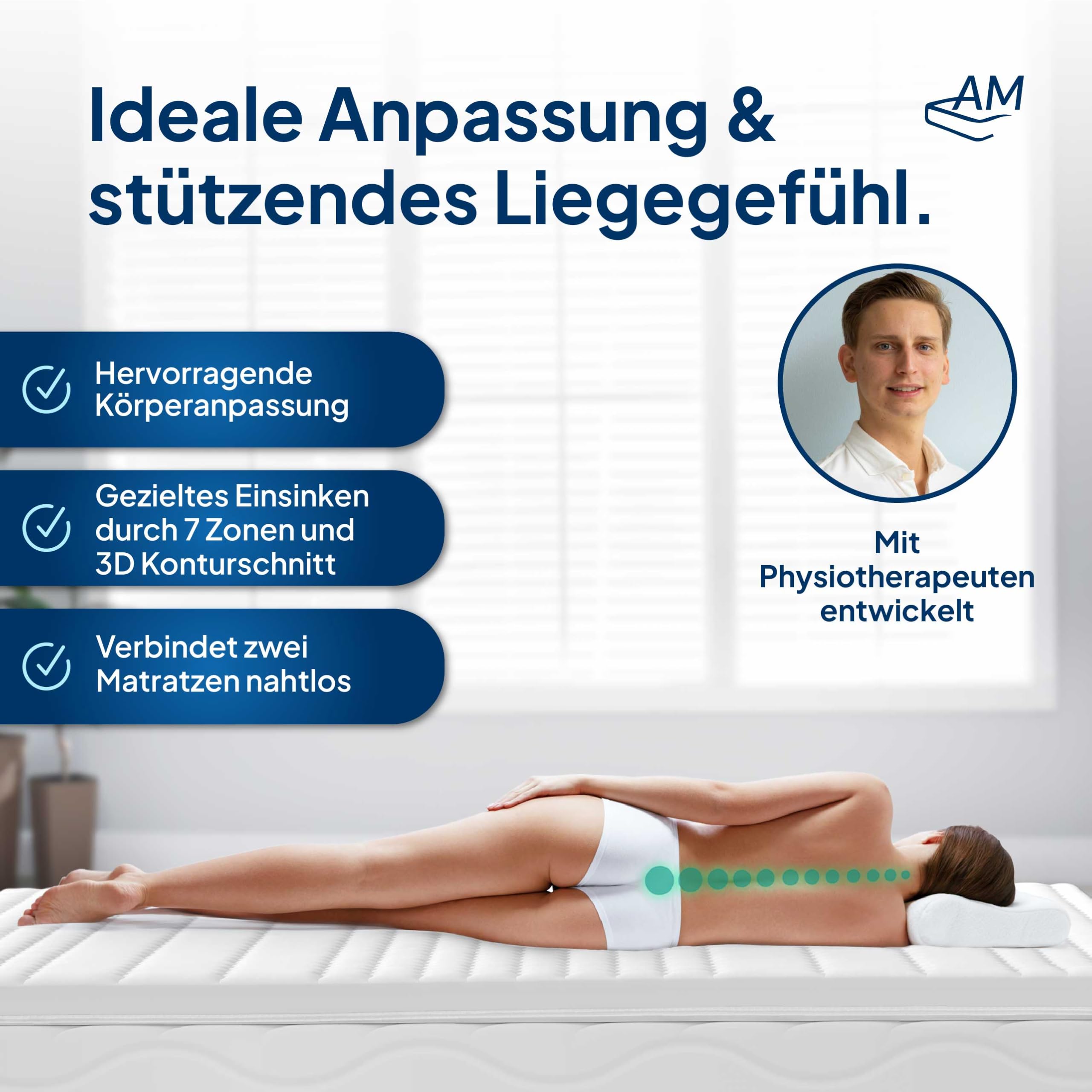 AM Qualitätsmatratzen 3D Deluxe 7 Zonen Kaltschaum Topper 180x200cm RG50 - Made in Germany - Atmungsaktiver Topper 180x200-8cm - Matratzenauflage 180x200 mit Lyocell Bezug und Anti-Rutsch Funktion