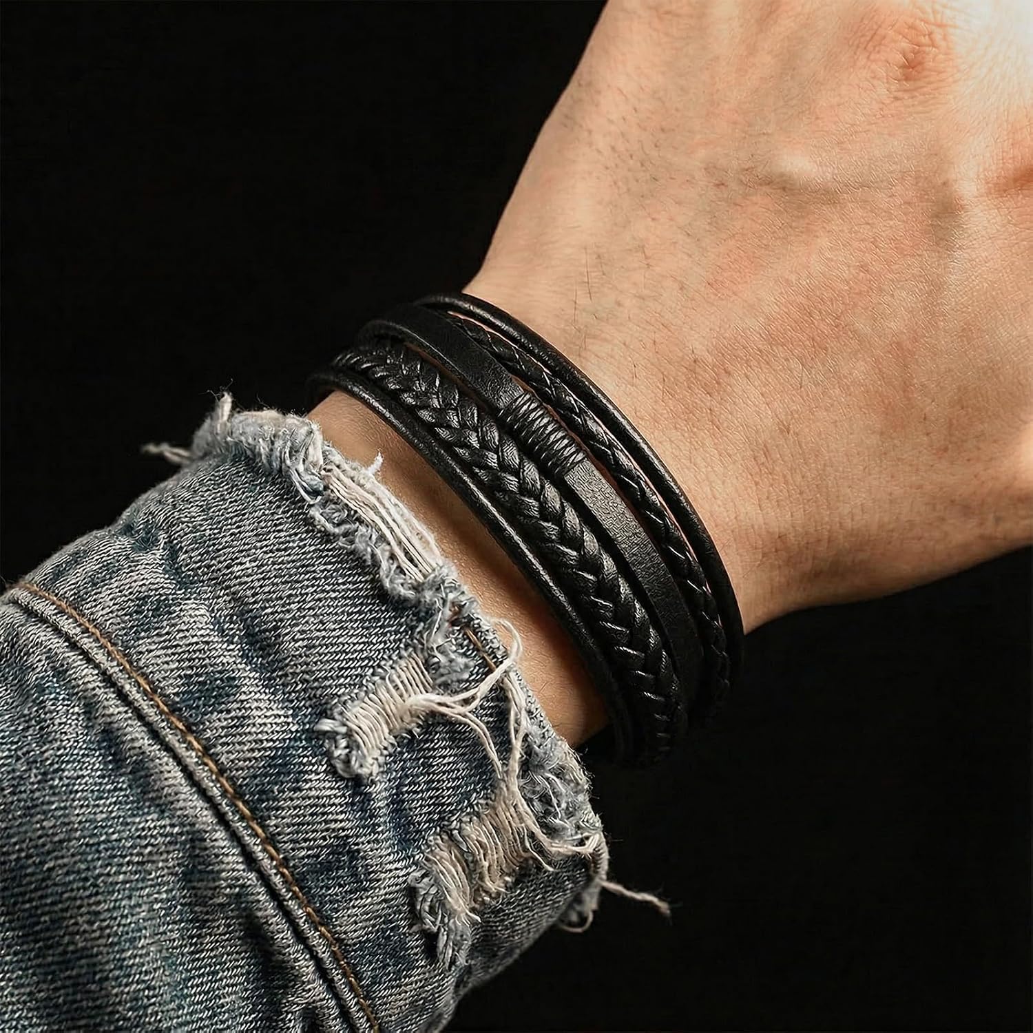 Grevosea Men's Braided Bracelet, Adjustable Brown Knot Mens Leather Multi-strand Bracelet Gift for Husband Boyfriend