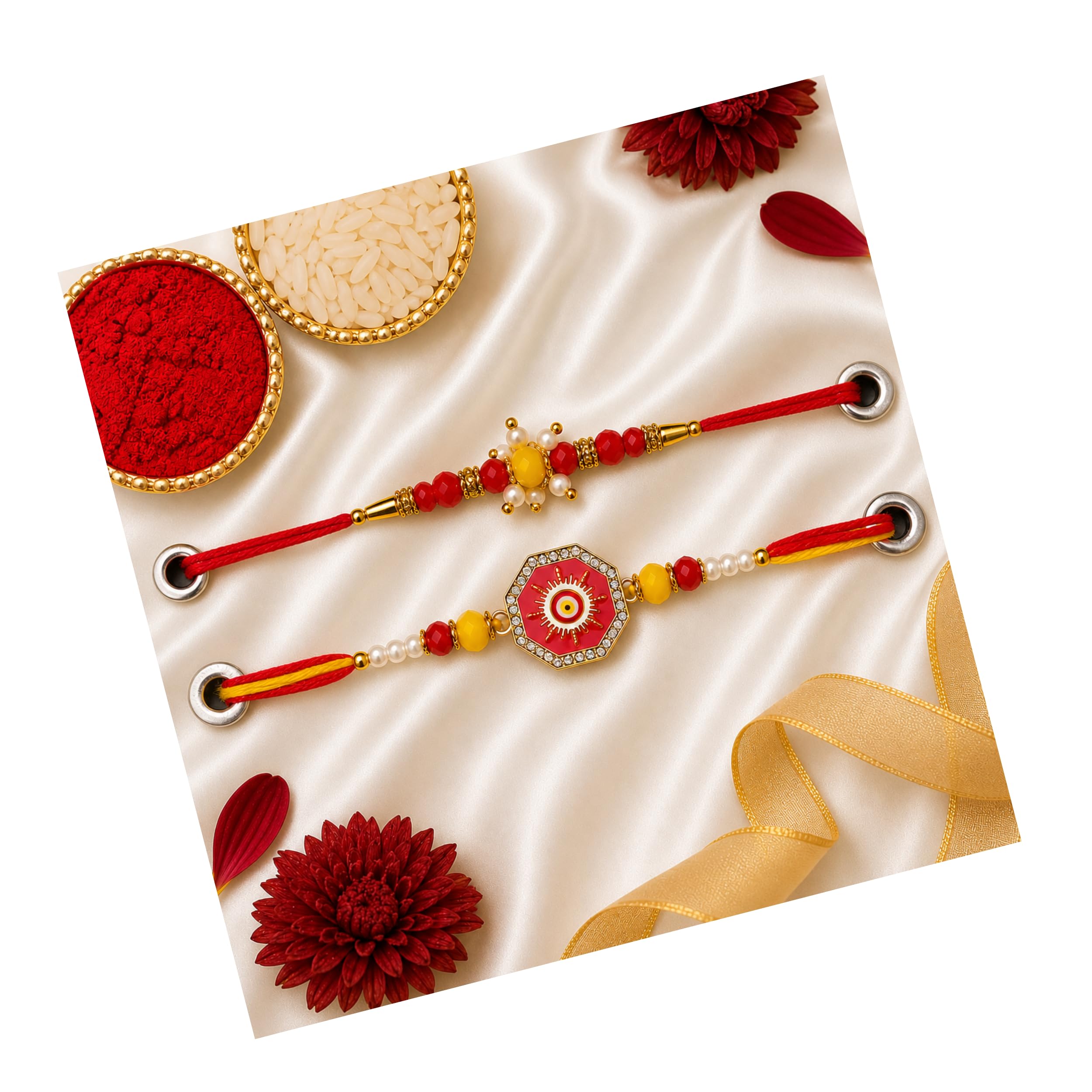 Handmade Designer Rakhi Set of 2 for Brother | Beads & Evil Eye | Traditional Raksha Bandhan Raksha Sutra with Cotton Thread | Skin Friendly Gift for Bhai (Shubh Mangal-Royal Red Surya)-image-39