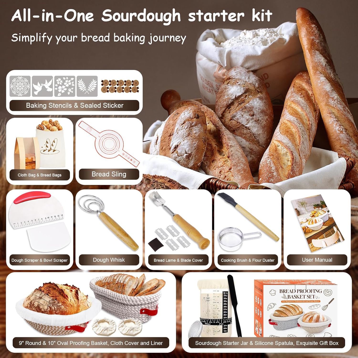 Sourdough Starter Kit, Sourdough Bread Baking Supplies, Cotton Rope Banneton Bread Proofing Basket Set with Sourdough Starter Jar for Bread Making Baking, Sour Dough Kit Tools Gifts for Bakers Women - Image 6