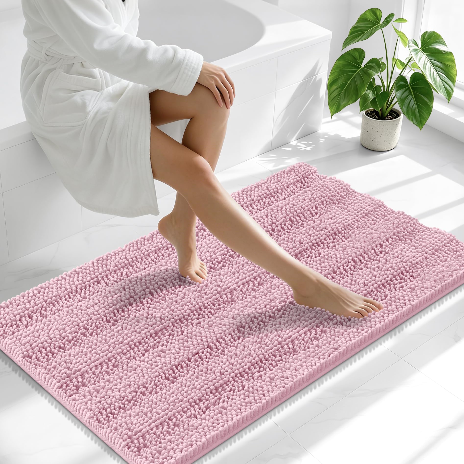 Smiry Thick Chenille Bathroom Runner Rugs 44x24, Soft Bath Mat, Dusty Rose