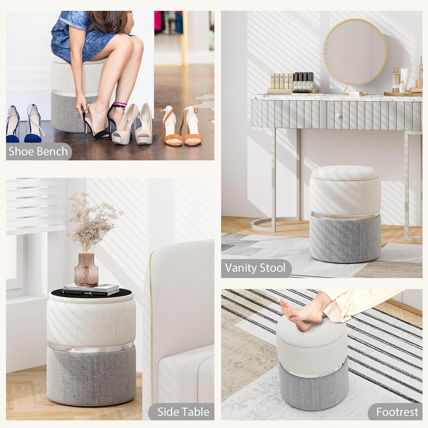 Giantex Ottoman with Storage - Set of 2 Storage Ottomans, 1 Large & 1 Small Nesting Ottoman Side Table, Upholstered Linen Round Foot Rest Vanity Stool for Bedroom Living Room (Gray)