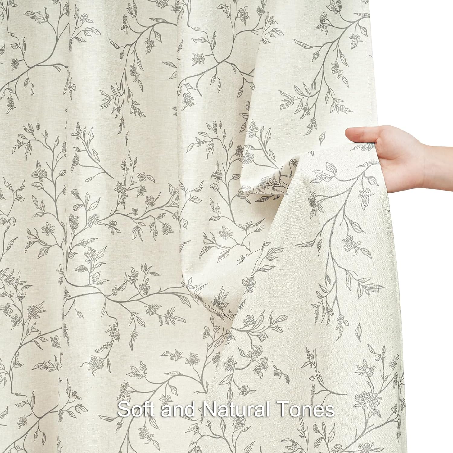 Grey Floral Shower Curtain Linen, Twiggy Leaves Flower Shower Curtain for Bathroom 72x78, Luxury Farmhouse Chic Bathroom Décor