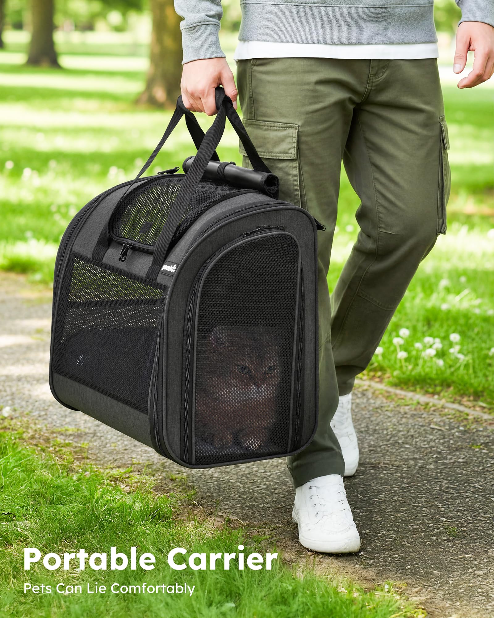 Pecute Zaino per Gatti & Cucciolo,con Disegno Ampliato e Design Ventilato, Pieghevole, con Cinghia di Sicurezza, Grigio Scuro