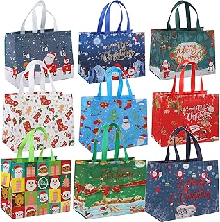 Christmas Gift Bags 9 Pack Large Christmas Tote Bags with Handle Reusable Christmas Treat Shopping Bags Christmas Bags for Presents,Xmas Bags for Gifts Wrapping Grocery Bag Party Supplies