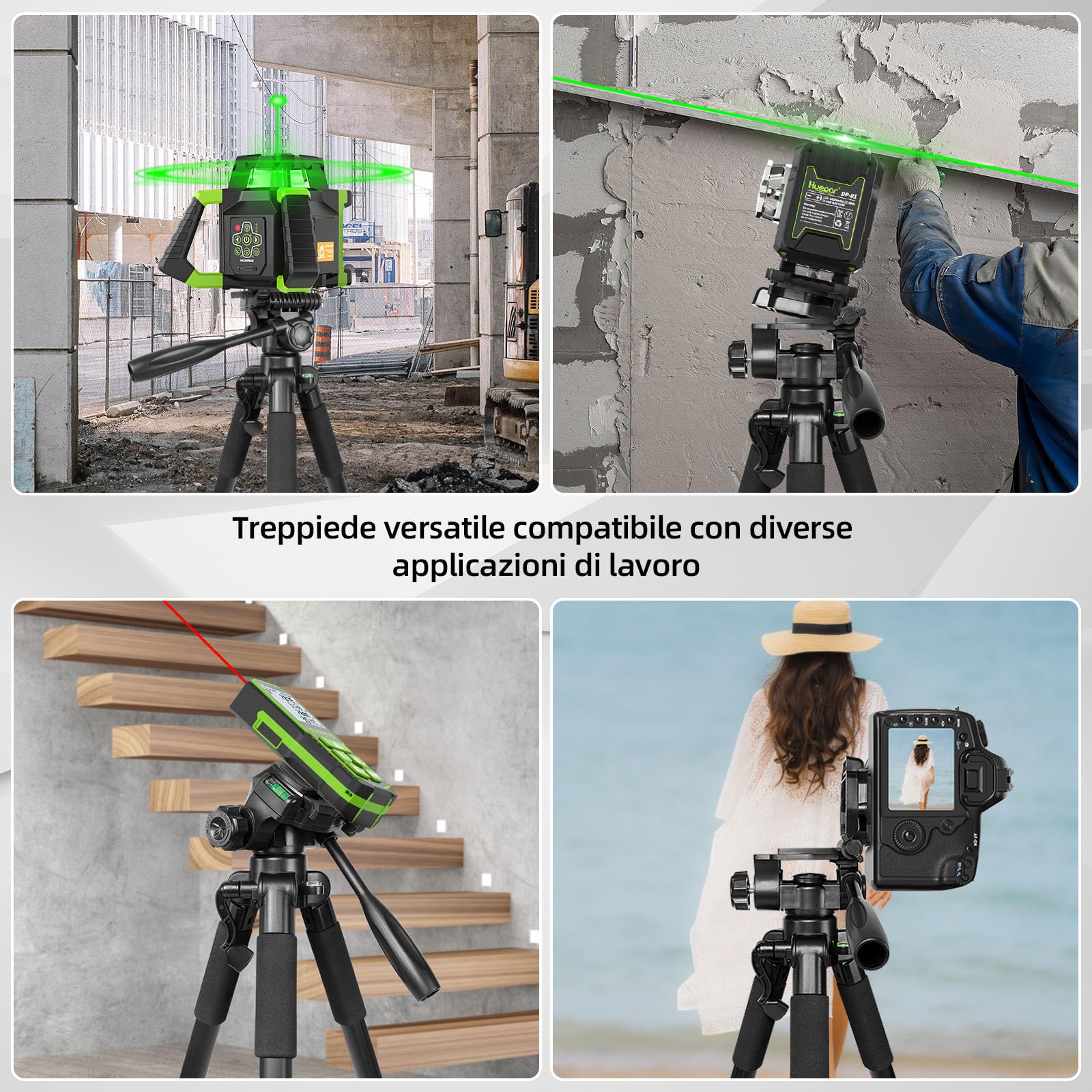 Treppiede in alluminio per livella laser Huepar da 1.72m, livella a bolla integrata, attacco vite da 1/4 di pollice e dado adattatore UNF da 5/8 di pollice, incluso custodia da trasporto