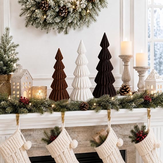 Set of 3 Velvet Ceramic Christmas Tree Decor, Brown,White,Coffee