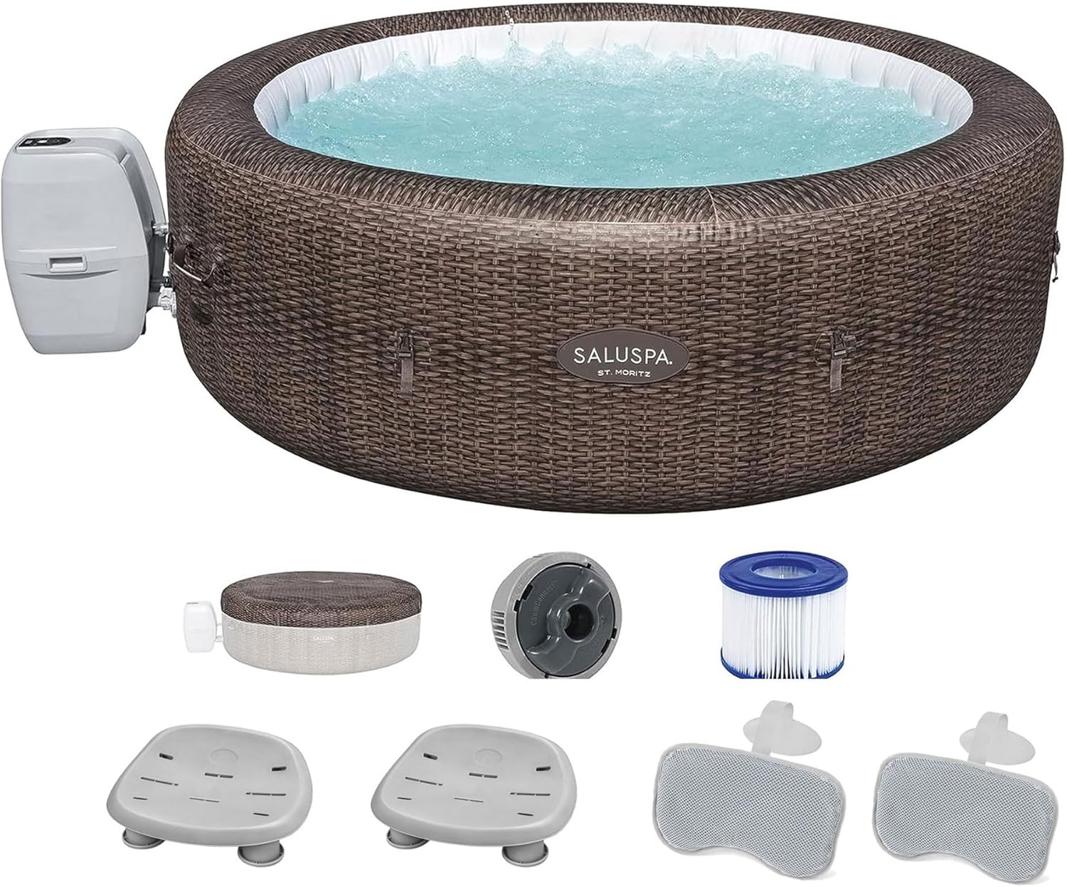 Bestway SaluSpa St Moritz AirJet Hot Tub with Set of 2 Non Slip Pool and Spa Seats and 2 Padded Headrest Pillows with Adjustable Strap, Brown