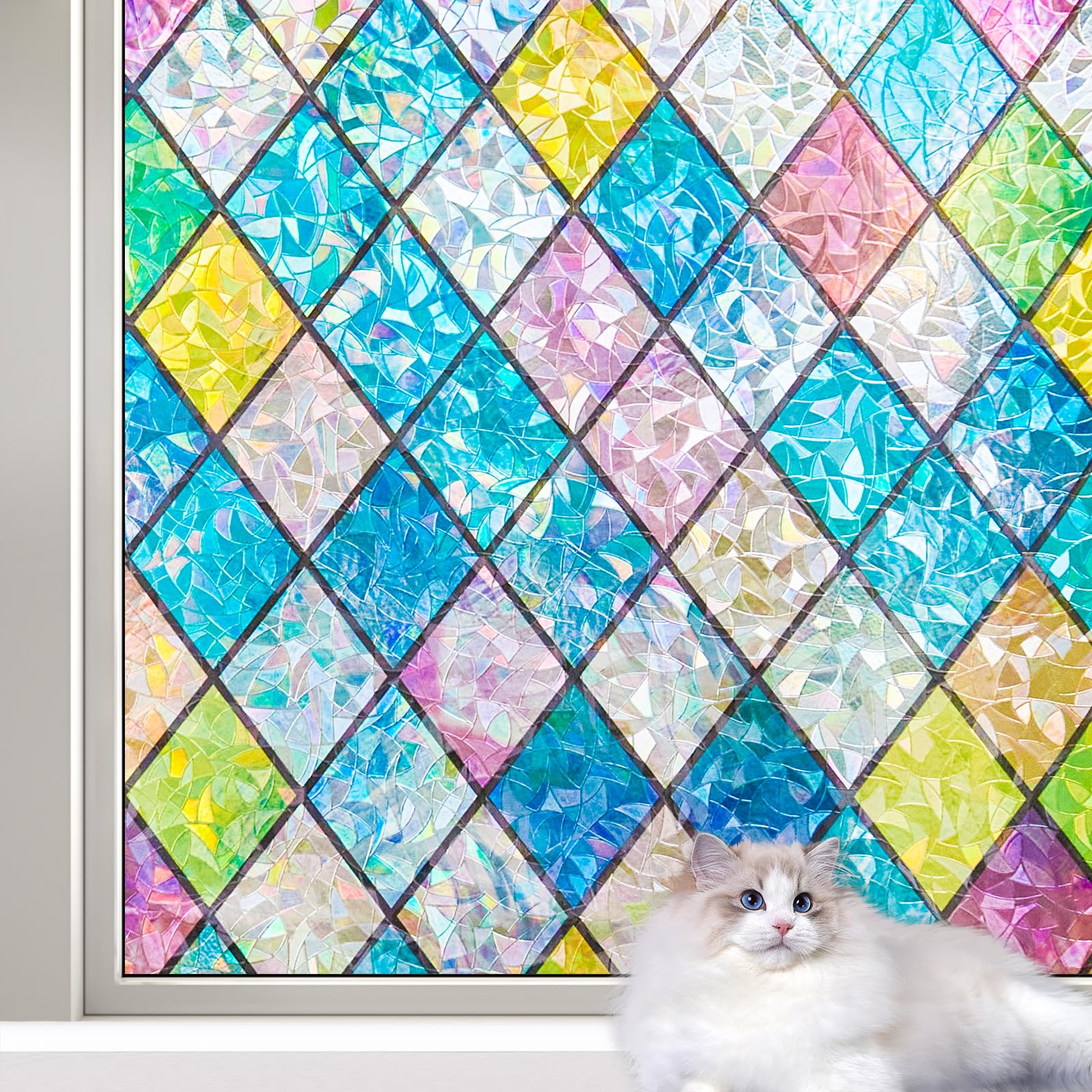 LEMON CLOUD Stained Glass Window Film,Rainbow Window Privacy Film,Colorful Decorative Window Film,Static Cling Window Covering Film for Home (Lattice,17.5 x 157.4 Inch)