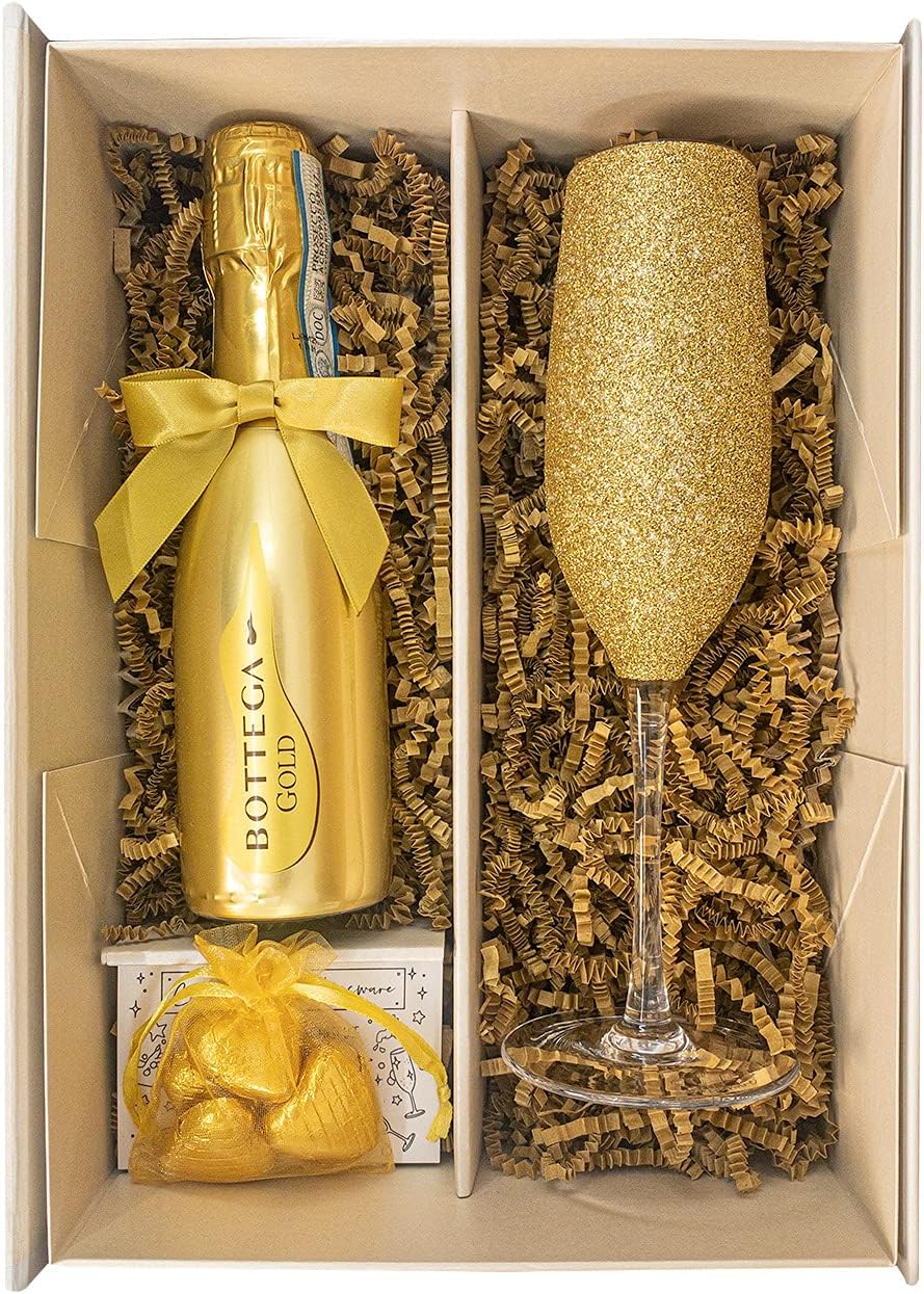 Gold Bottega Prosecco DOC 20cl Gift Set With Matching Sparkling Stem Champagne Flute Fully Gift Boxed - Prosecco Hamper for Her, Congratulations, Birthday Gift (Sparkling Top)