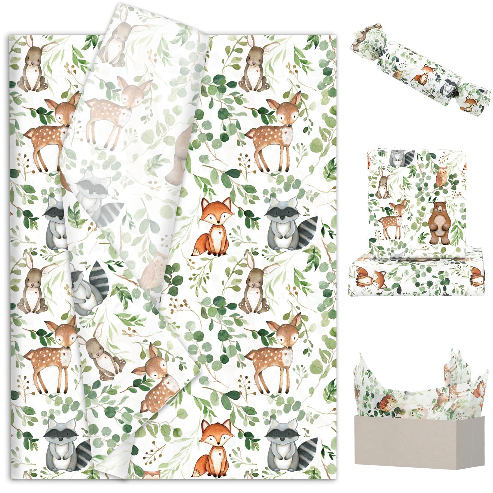 FYSUIMU 100 Sheets Woodland Animal Tissue Paper Eucalyptus Forest Animal Gift Wrapping Paper for DIY Arts Crafts Baby Shower Birthday, 14 x 20 Inch