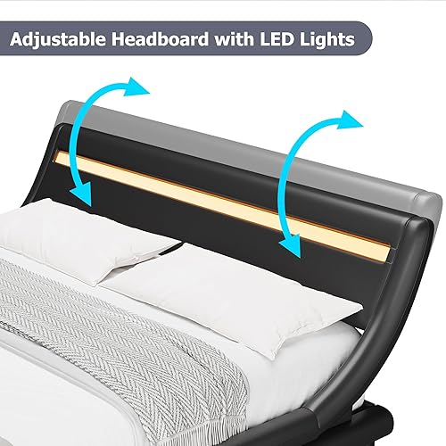 Miniatura 7 de TTVIEW Base de cama LED de perfil bajo de tamaño matrimonial con cabecera ajustable, moderna plataforma tapizada con soporte de listones de madera,