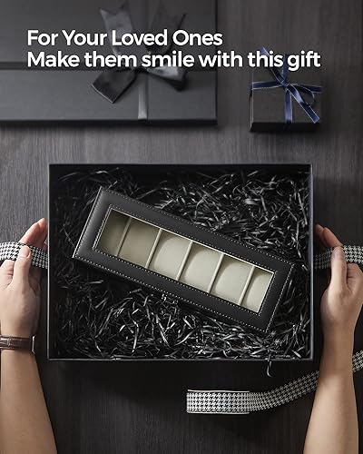 Miniatura 7 de SONGMICS Caja de reloj caja de reloj de 6 ranuras con tapa de cristal grande almohadas de reloj extraíbles organizador de caja de reloj regalo para