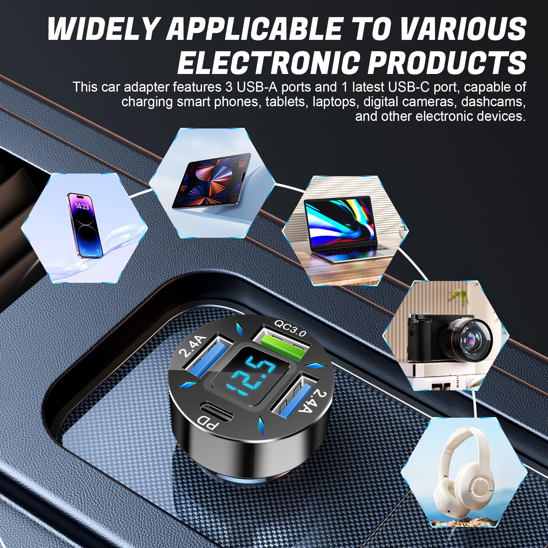 LivTee Kfz-Ladegerät mit 4 Anschlüssen, 12-24 V Zigarettenanzünder-Adapter mit 3 USB- und 1-USB-C-Anschluss, unterstützt QC/PD-Schnellladung, verfügt über Digitalanzeige und LED-Lichter, passend für