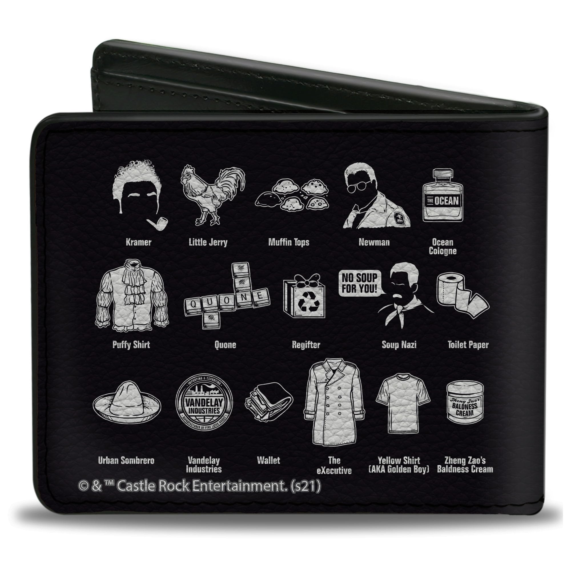 Buckle-Down Men's Seinfeld Wallet, Bifold, ABCs Icons Black White, Vegan Leather, 4.0
