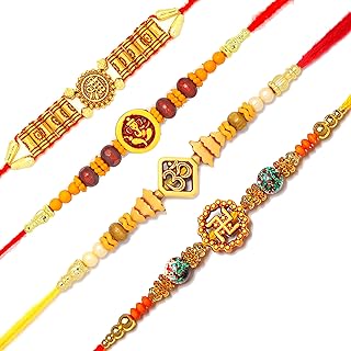 Rakhi for Brother 4 Pics Rakhi Combo Designer Rakhi for Brother With Roli & Rise|God Rakhi for Rakshabandhan |Bracelet Rakhi|Wooden Beads&Pearl|Best Gift Rakhi for Brother.