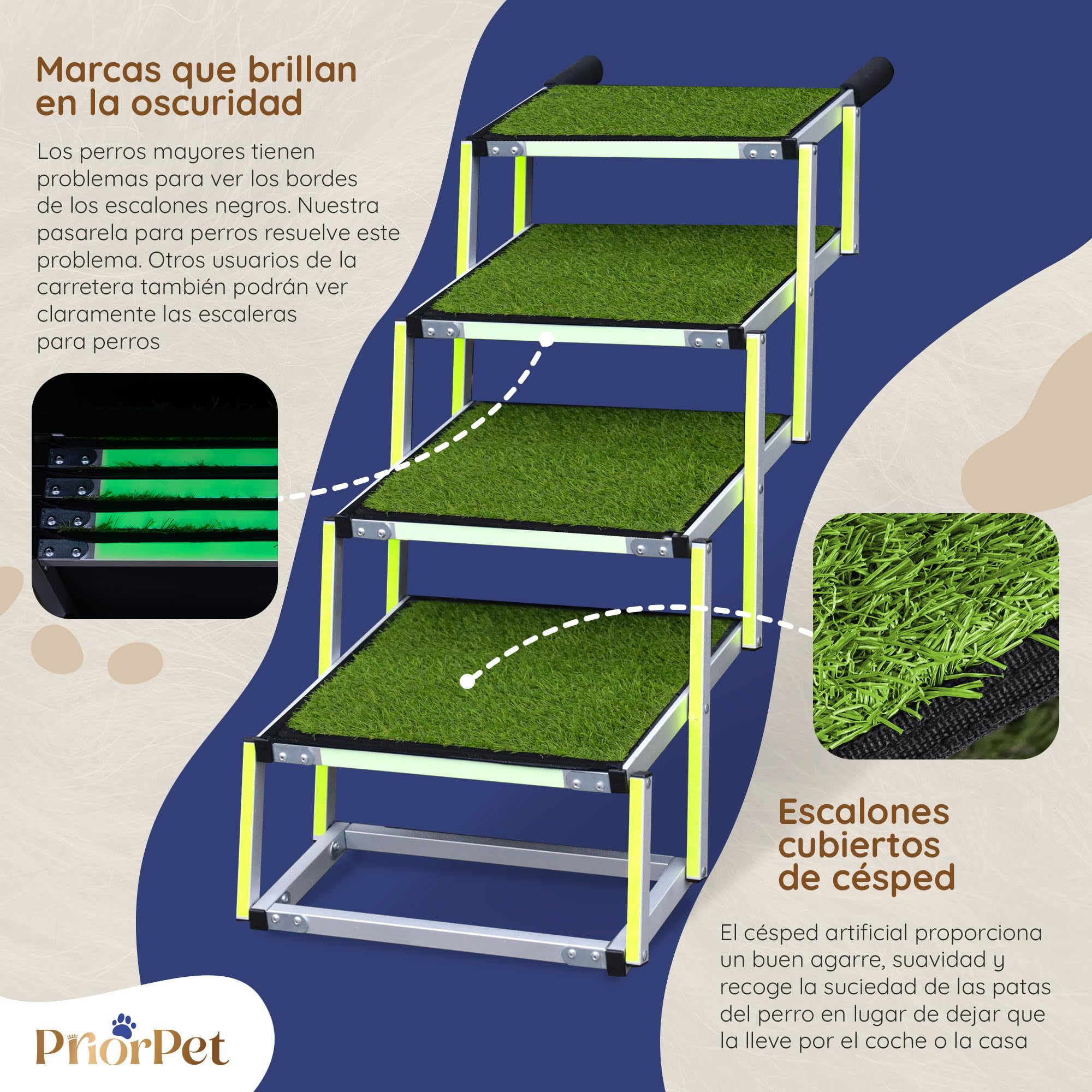 Escalera para Perros Plegable - Marca Que Brilla en la Oscuridad - Rampa para Perros de Coche - Adecuada para Todos los Coches - Superficie de césped Antideslizante - Capacidad de 77 kg - 4 Escalones