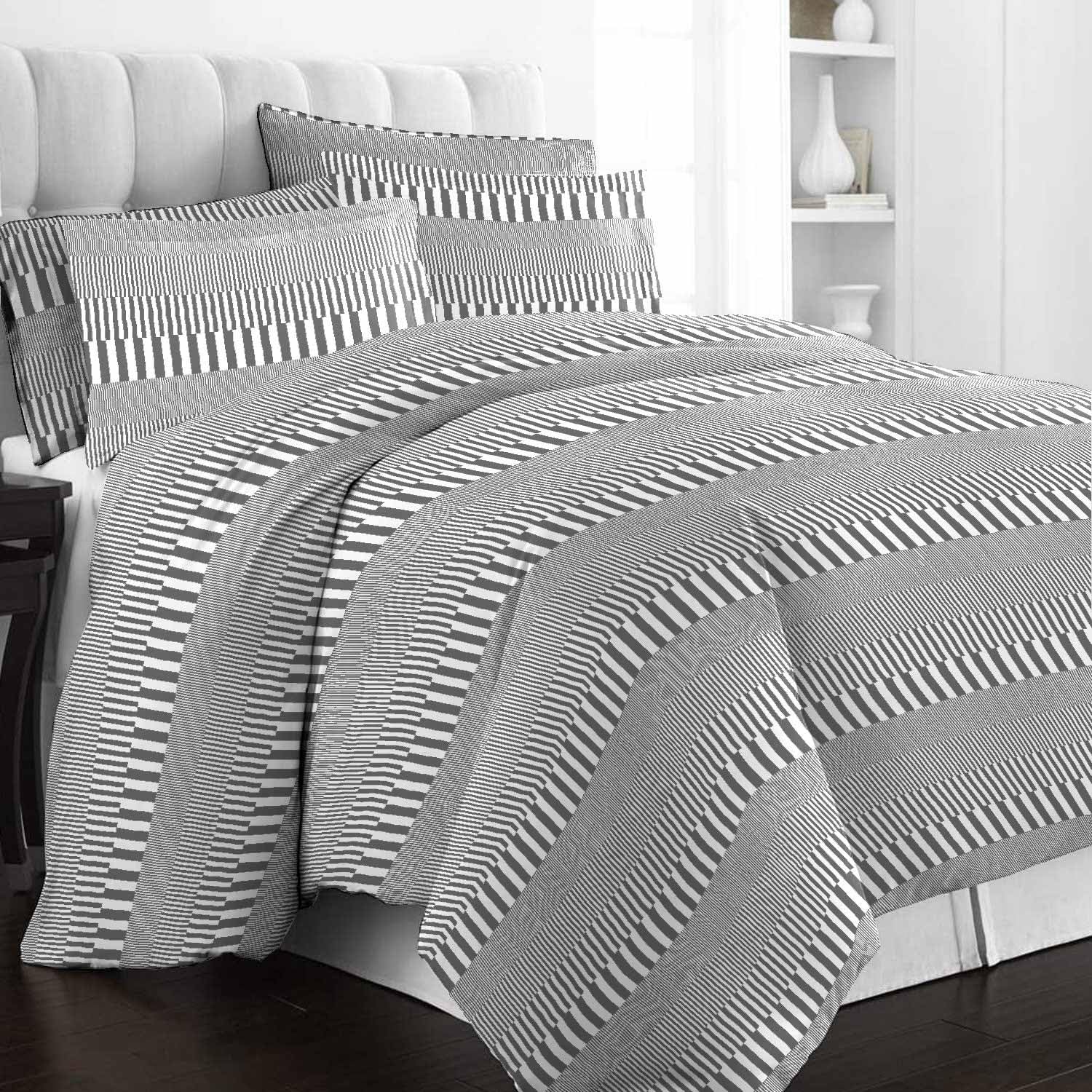 Pizuna Cotton Cascade Stripe Grey Print Emperor Duvet Cover Set 285x240 400 Thread Count Long Staple Cotton Emperor Quilt Cover Sateen Cooling Duvet Cover with Button Closure (Printed Duvet Cover)