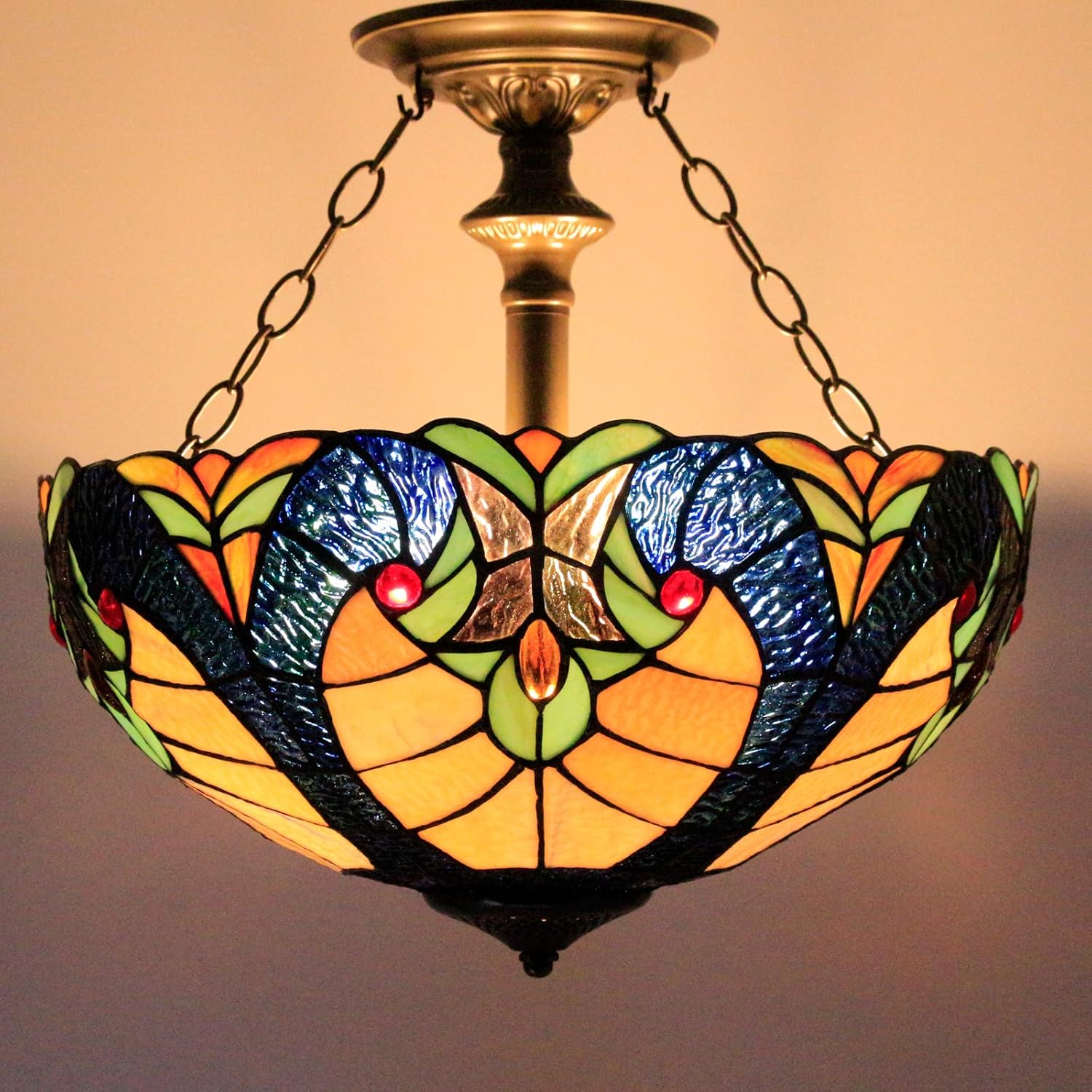 Limited Discount Tiffany Ceiling Light Fixture Semi Flush Mount 16 Stained Glass Red Blue Liaison Shade Island Hanging Lamp Close to Dome Boho Decor Bedroom Kitchen Dining Living Room Entry Foyer Hallway WERFACTORY
