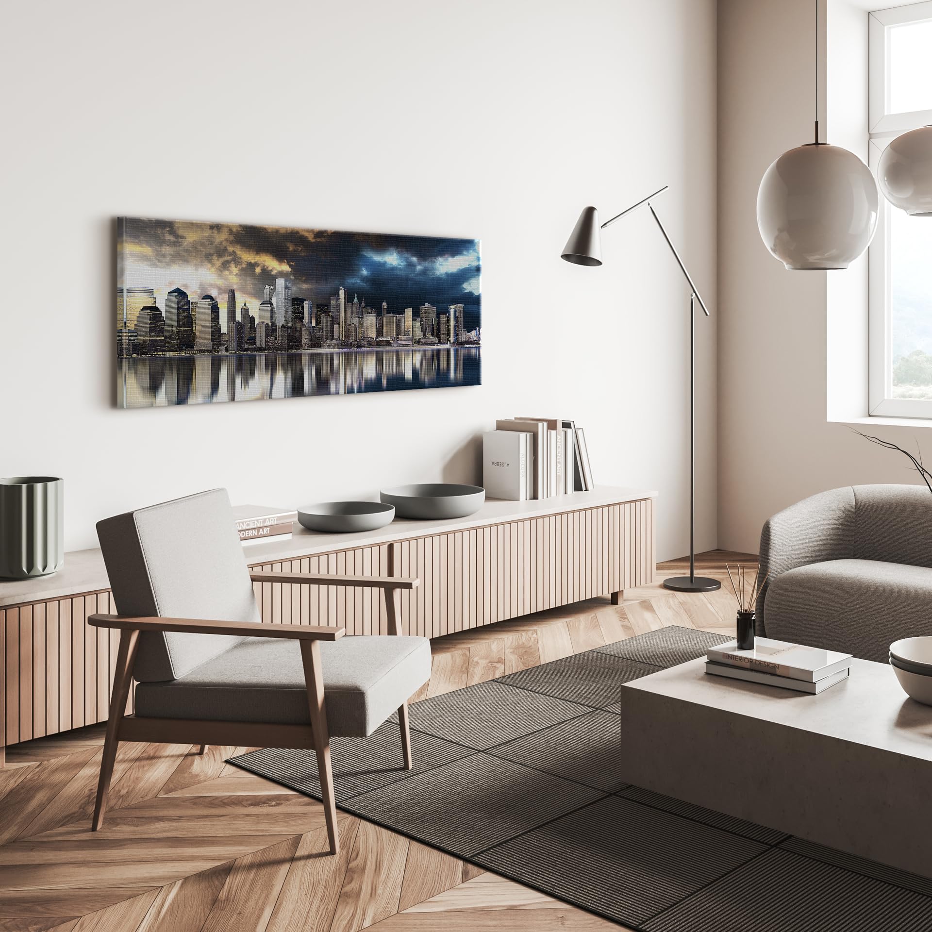 STYLER Obraz na płótnie Golden City 60 x 150 cm I obraz ścienny miasto Skyline ciemne chmury I obrazy salon płótno I dekoracja ścienna dom druk artystyczny I obrazy miasta I różne motywy i rozmiary