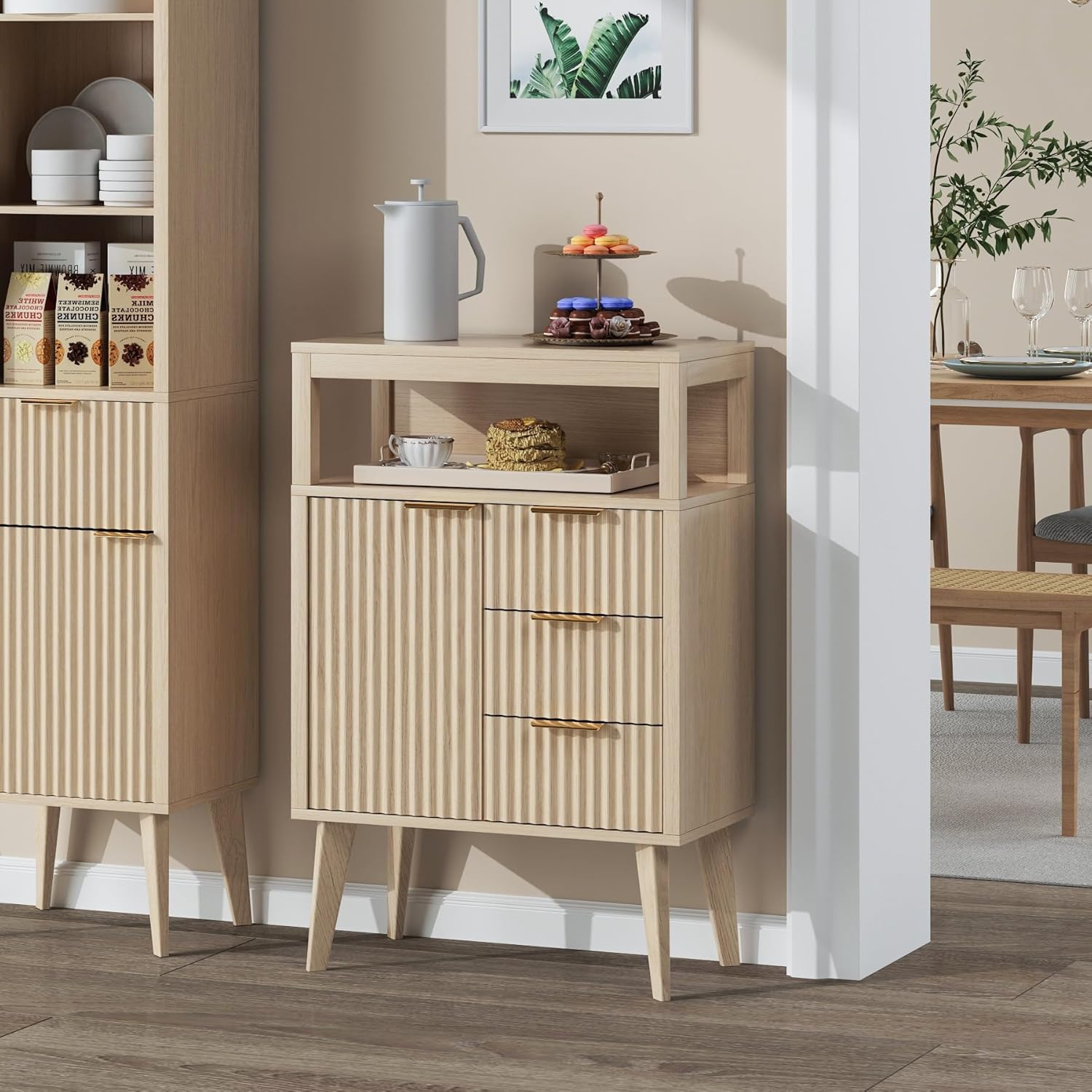 Natural Wood Bathroom Floor Cabinet with 3 Fluted Drawers & Door, Modern Storage Sideboard with Open Shelf, Coffee Bar Station for Living Room, Entryway, 23.6 x 11.8 x 34.6 Inches