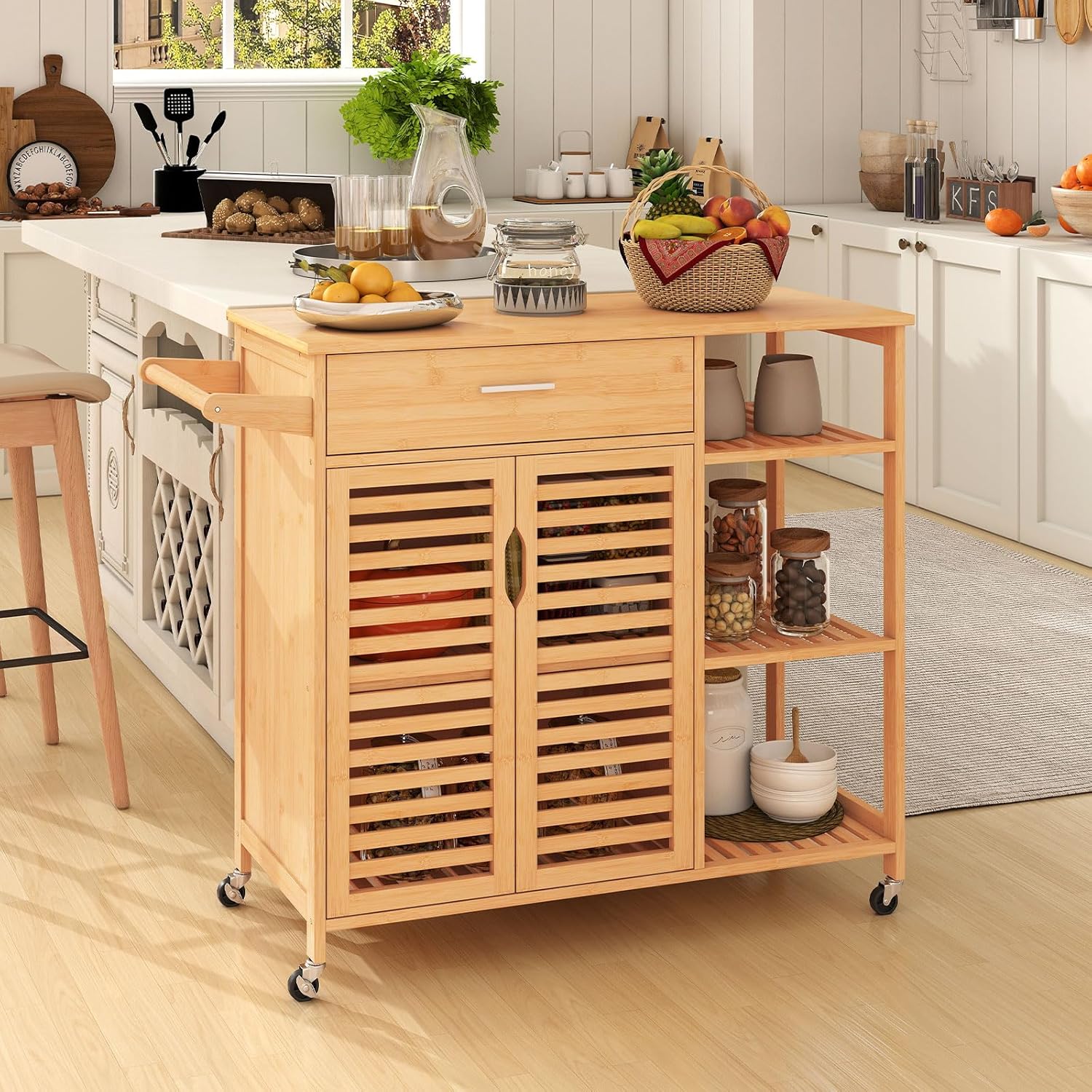 MAT EXPERT Moso Bamboo Rolling Kitchen Island with Storage, Kitchen Island cart on Wheels, Kitchen cart w/Drawer, 3-Tier Shelves & Towel Rack, 2-Door Cabinet, Bar Storage Cabinet, Natural