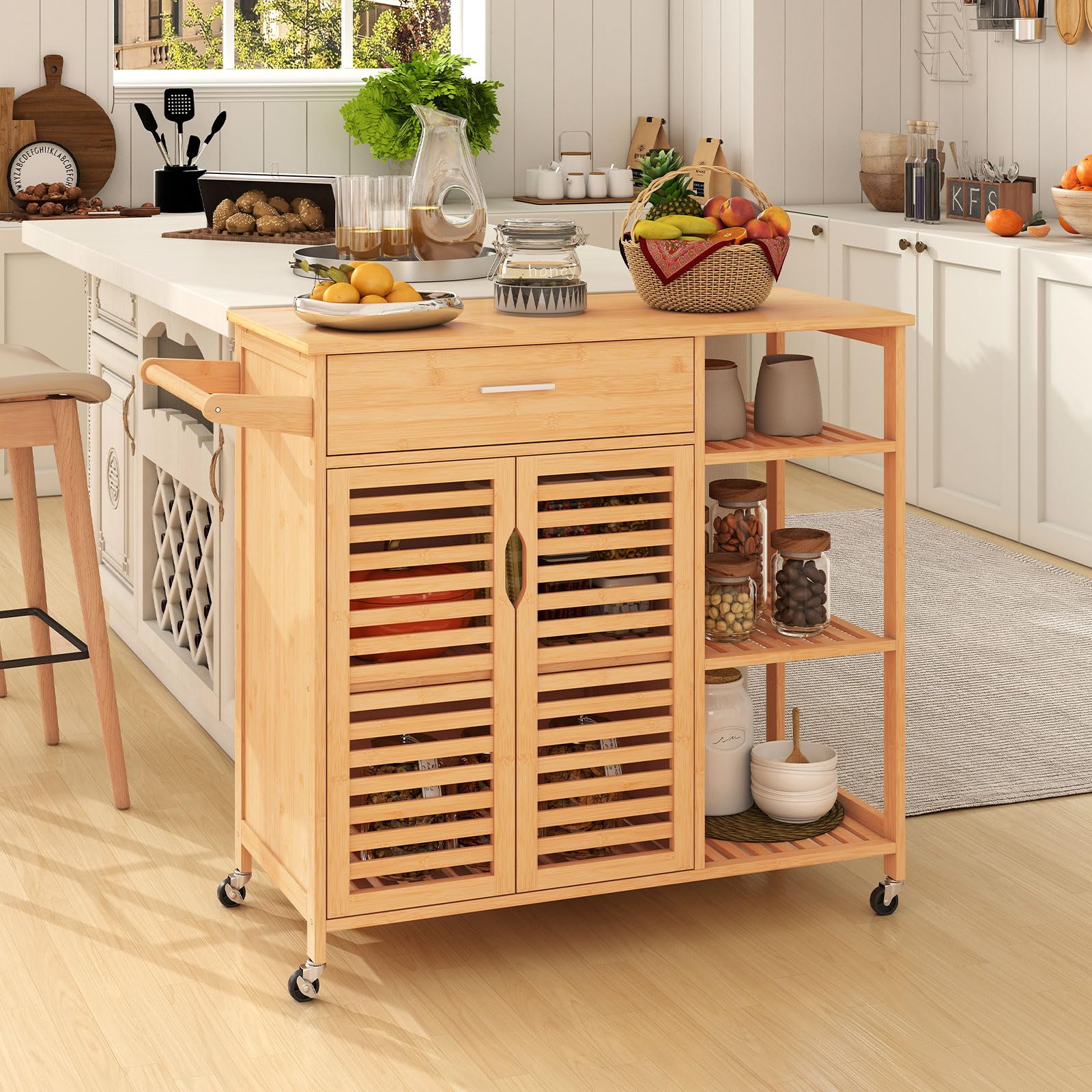 COSTWAY Küchenwagen aus Holz und Bambus, Küchenschrank mit Rollen, Rollwagen mit Schublade, offenen Regalen, Handtuchhalter, 2 Lattentüren, für Esszimmer, Wohnzimmer, 104 x 40 x 89 cm, Natur