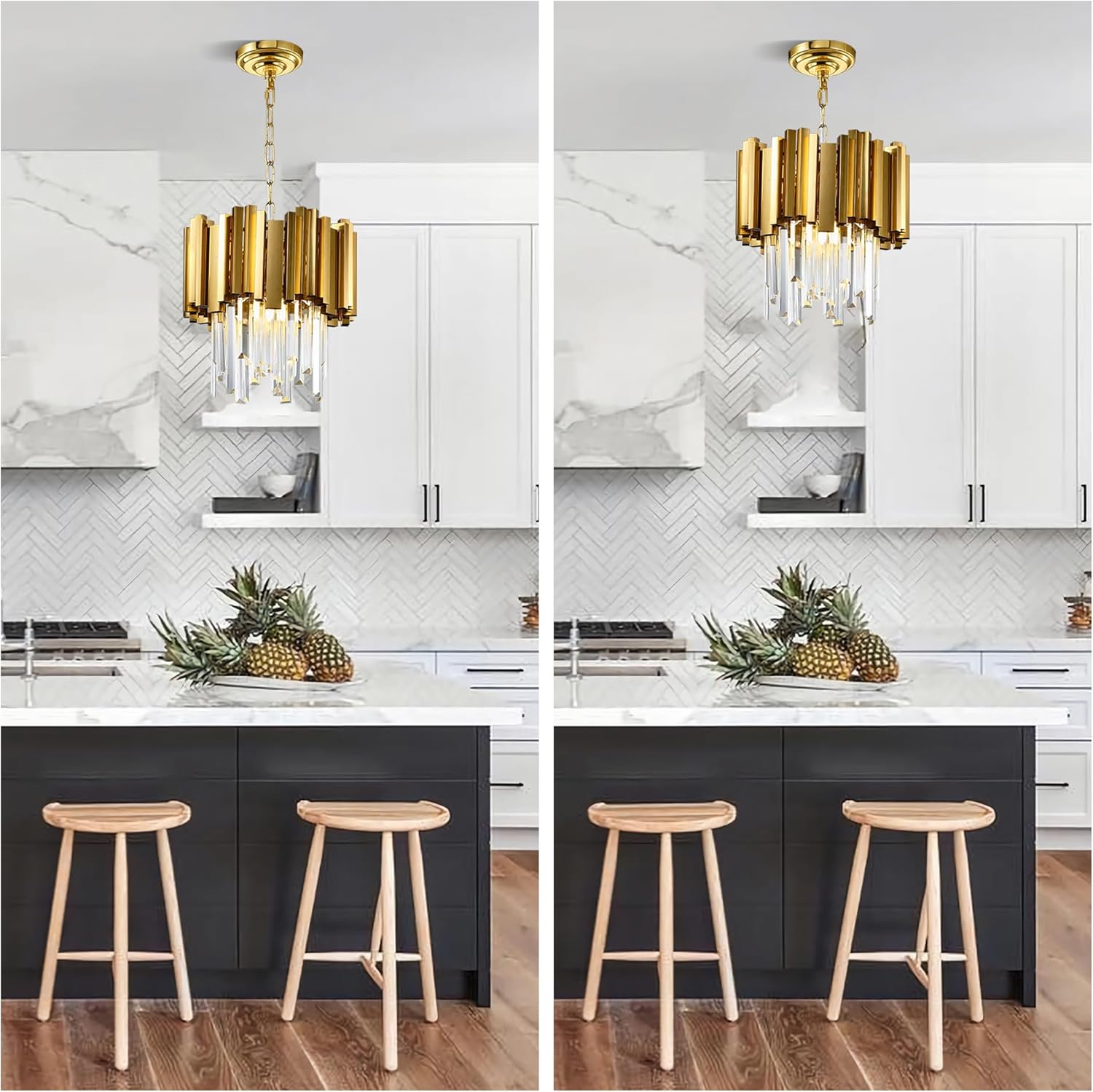 Modern Crystal Pendant Light Fixture, Contemporary 12” Round Crystal Chandelier, 2-Tiers Island Chandelier Hanging Light for Dining Room, Living Room, Kitchen, Foyer, Entryway, Antique Brass