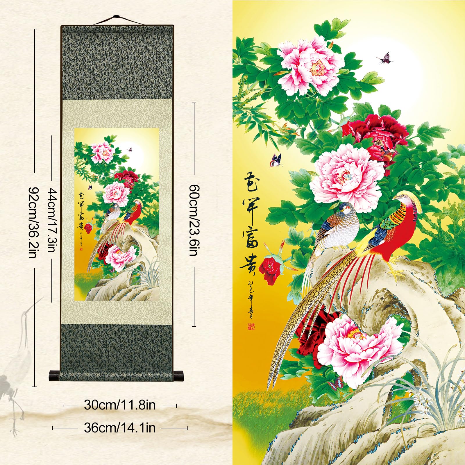 FOVNOT Asian Silk Wall Scroll - Oriental Flowers Plant Decor