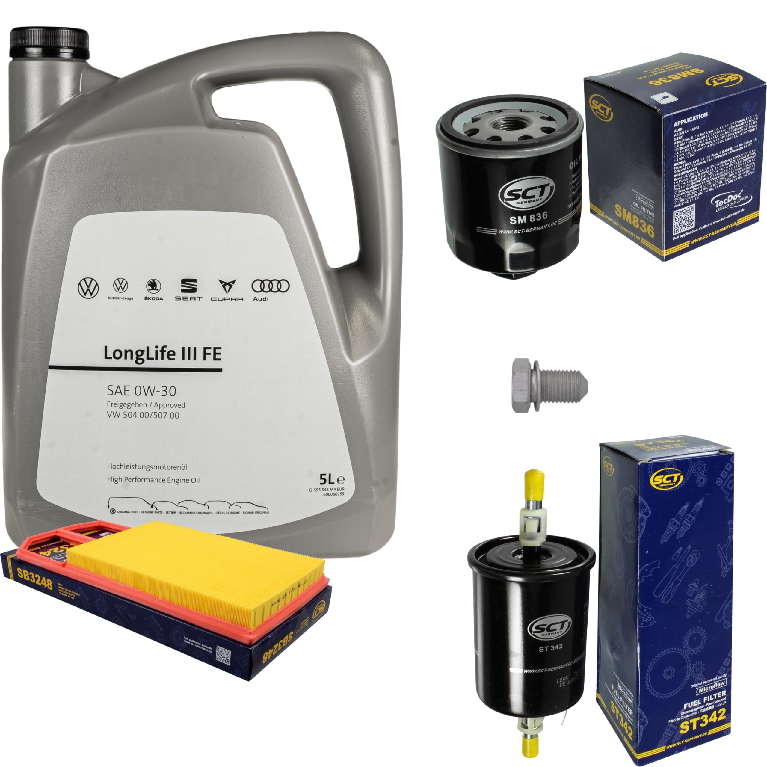 Paquete de inspección Kit de mantenimiento con 5 L 0W-30 aceite de motor LongLife 3 FE, filtro de aceite, filtro de aire, filtro de combustible, tapón de drenaje de aceite