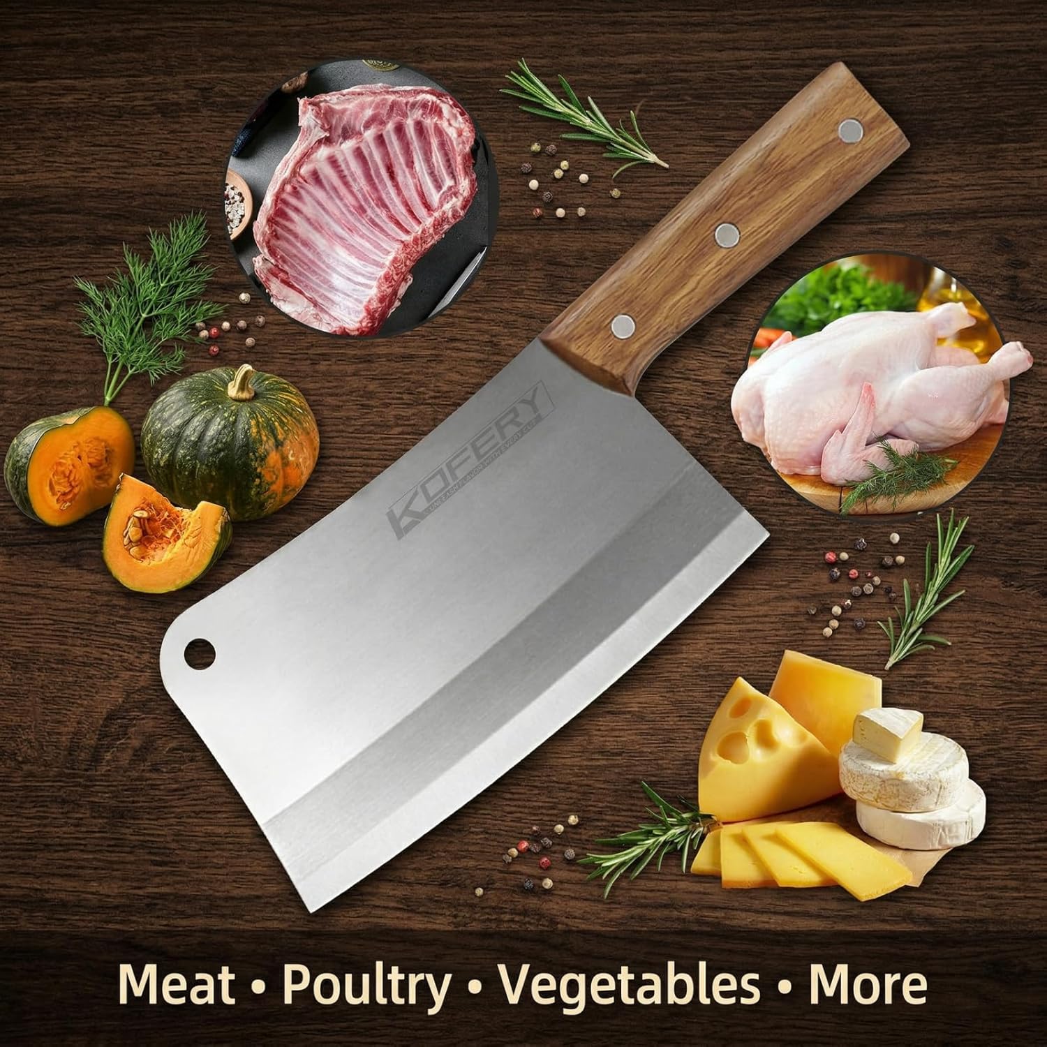 KOFERY 7.3-inch Chinese Bone Cleaver - Heavy Duty Butcher Knife Meat Chopper with Nature Wooden Handle, Perfect for Home Kitchen Use