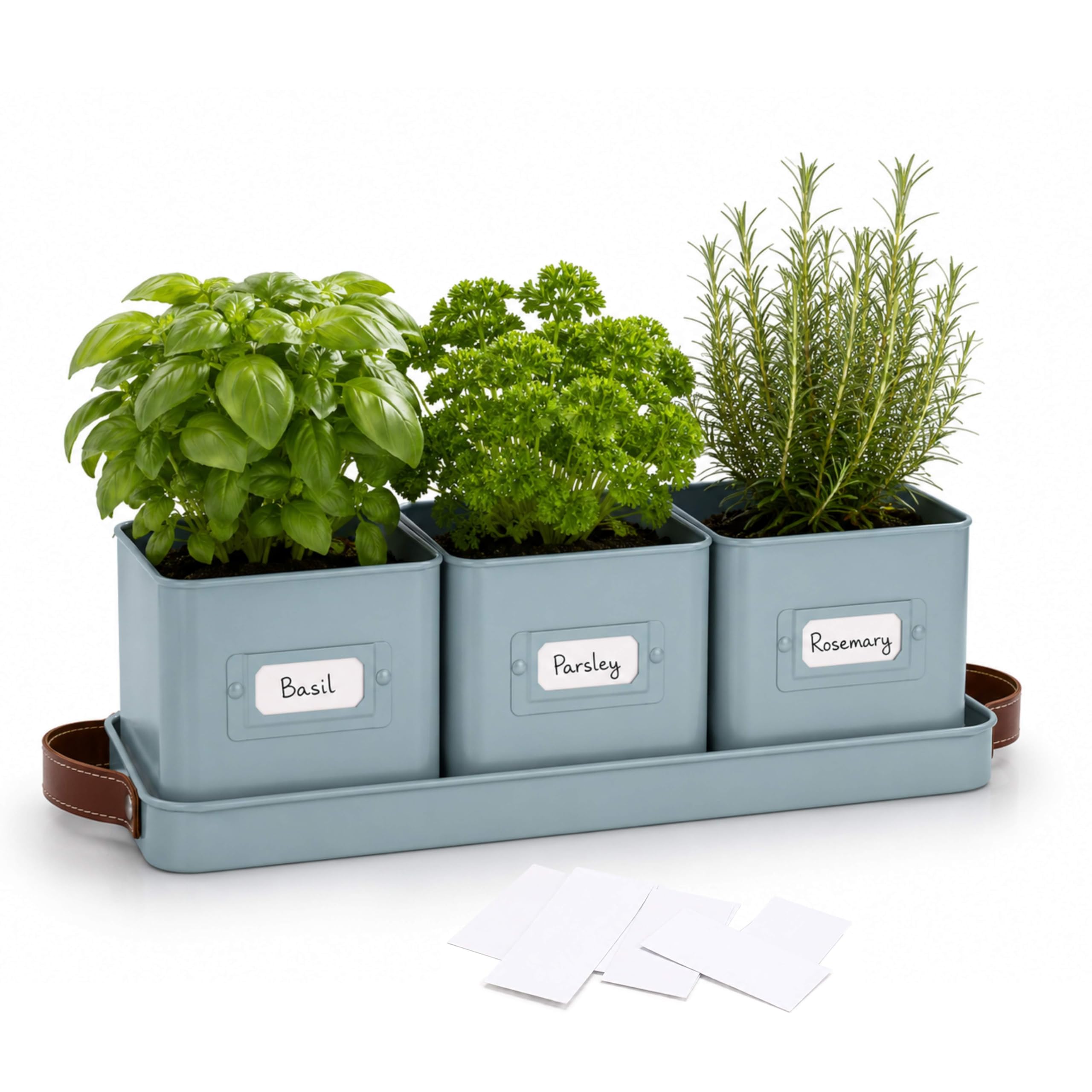ADEPTNA 3 Pot Metal Herb Planter Set with Tray & Label Holders Indoor Outdoor Herb Kitchen Windowsill Garden Patio Herb Plant Pots with Handles for Basil Parsley Rosemary Includes Labels (TEAL BLUE)
