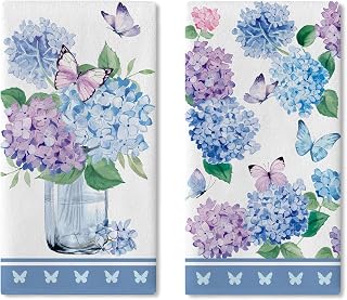 Spring Summer Hydrangea Flower Kitchen Dish Towels Set of 2 | Blue Purple Floral Butterfly Drying Hand Towel Baking Cooking Cloth, Watercolor Bathroom Home Decoration 18'' x 26''
